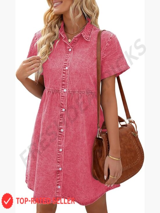 Dresses & Skirts - Denim Babydoll Dress Flowy Tiered Button Down Short Sleeve Casual Chic